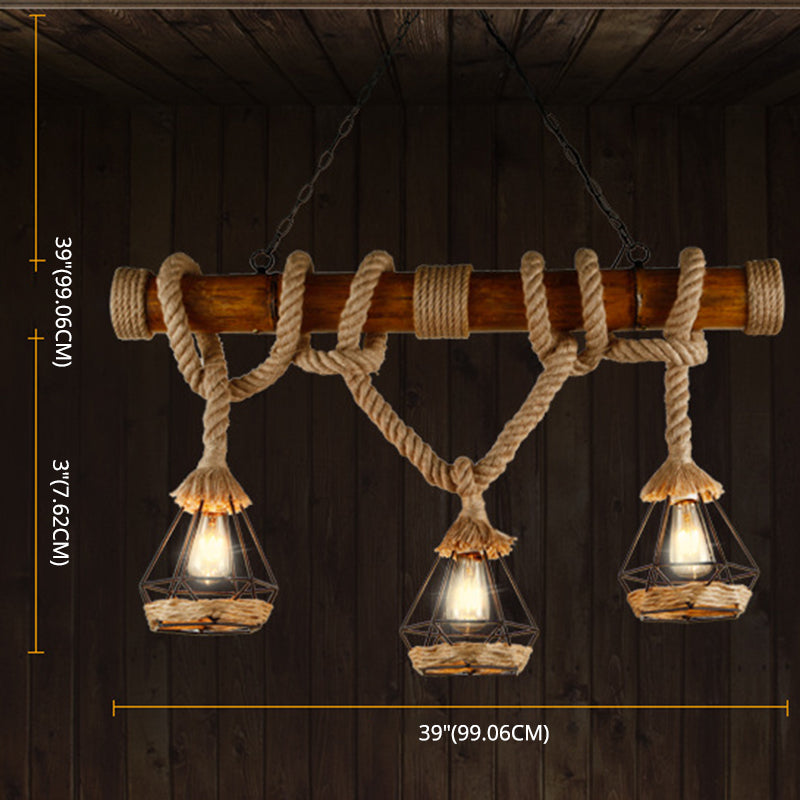 3-Light Hemp Rope Island Pendant Countryside Beige Shaded Restaurant Suspension Light