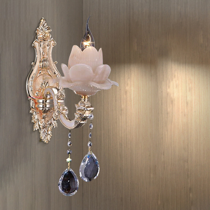 Lotus Wall Light Fixture Modernism Milky Glass 1/2 Heads Brass Sconce Light with Teardrop Crystal Accent