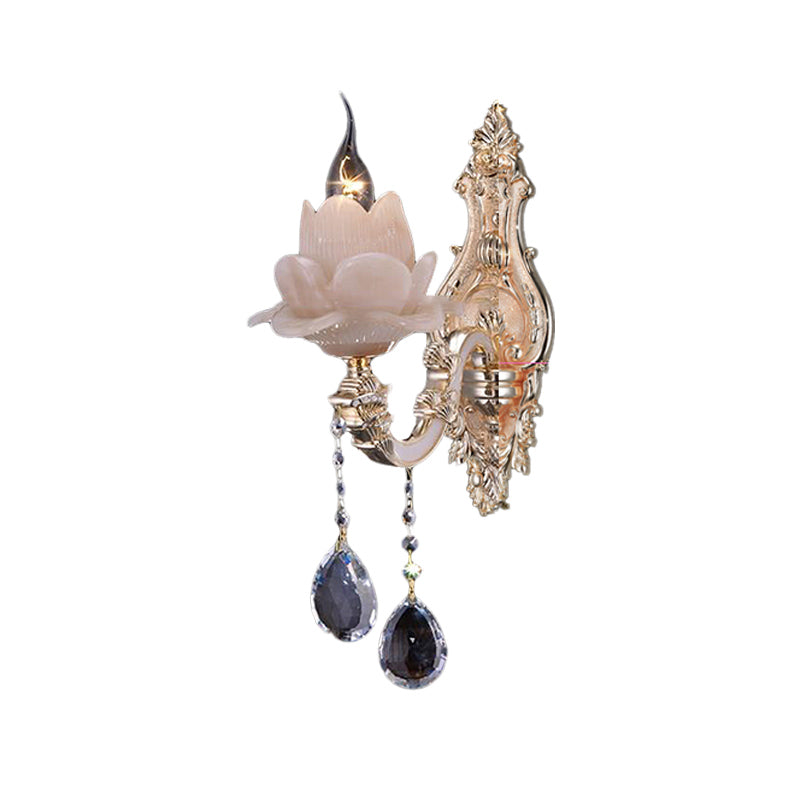Lotus Wall Light Fixture Modernism Milky Glass 1/2 Heads Brass Sconce Light with Teardrop Crystal Accent
