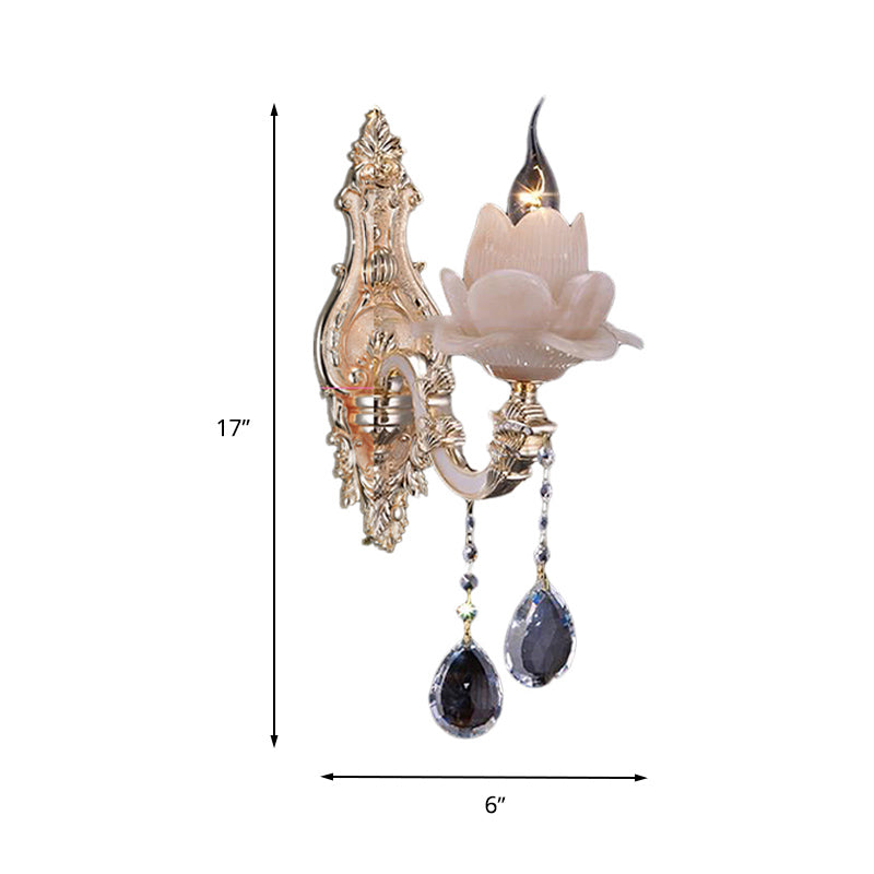 Lotus Wall Light Fixture Modernism Milky Glass 1/2 Heads Brass Sconce Light with Teardrop Crystal Accent