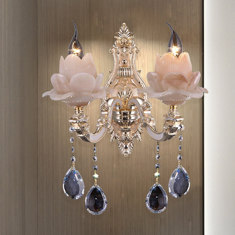 Lotus Wall Light Fixture Modernism Milky Glass 1/2 Heads Brass Sconce Light with Teardrop Crystal Accent
