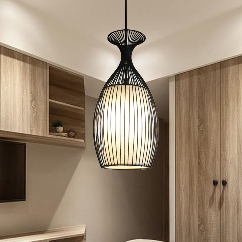 1 Light Round/Oval/Lantern Ceiling Suspension Lamp Classic Black Fabric Pendant Light Fixture for Dining Room