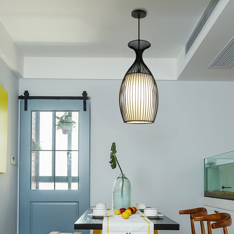 1 Lampada a sospensione rotonda/ovale/ovale/lanterna classica in tessuto nero in tessuto per sala da pranzo