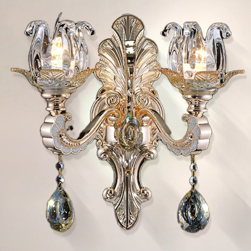 Clear Glass Floral Sconce Light Fixture Contemporary 1/2 Heads Wall Mounted Light with Crystal Drop