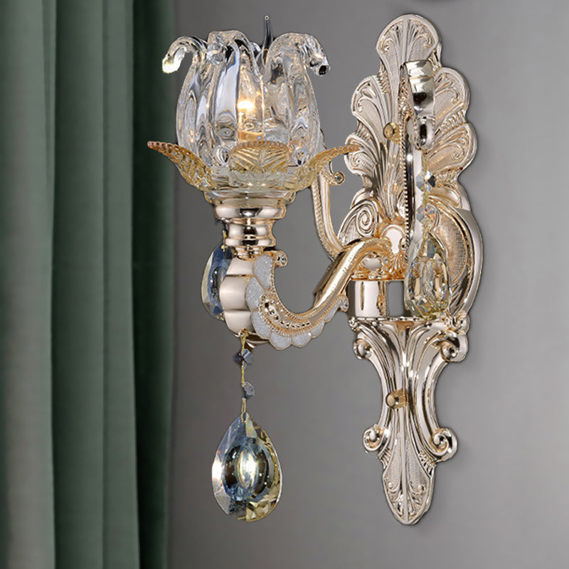 Clear Glass Floral Sconce Light Fixture Contemporary 1/2 Heads Wall Mounted Light with Crystal Drop