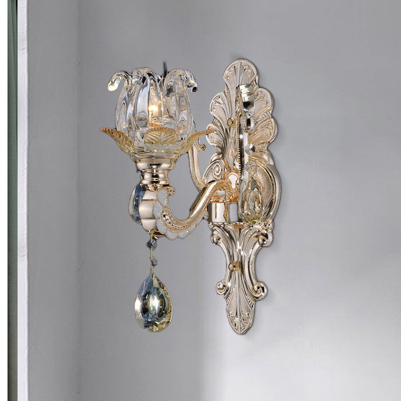Clear Glass Floral Sconce Light Fixture Contemporary 1/2 Heads Wall Mounted Light with Crystal Drop