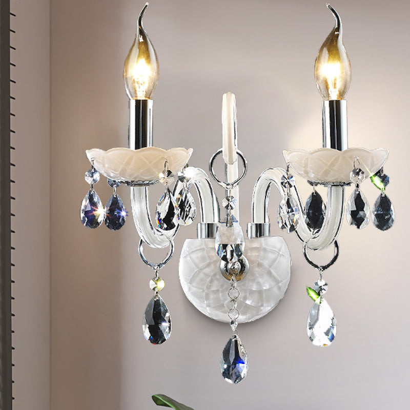 Modern Candelabra Wall Light Fixture White Glass 1/2 Heads Living Room Sconce Light with Teardrop Crystal Decoration