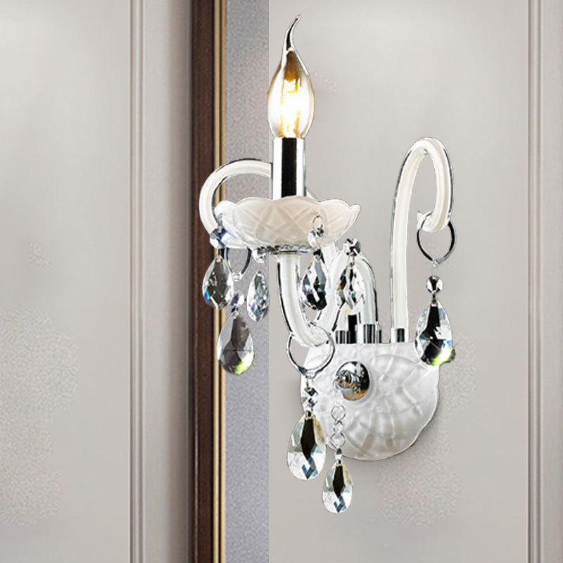 Modern Candelabra Wall Light Fixture White Glass 1/2 Heads Living Room Sconce Light with Teardrop Crystal Decoration