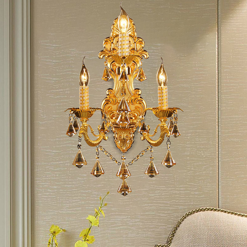 Gold Candelabra Wall Mount Light Traditional Metal 3 Heads Bedroom Sconce Light with Diamond Shape Crystal Decoration