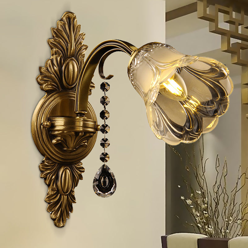 Flower Frosted Glass Wall Mount Light Traditional 1 Head Bedroom Sconce Light Fixture in Brass