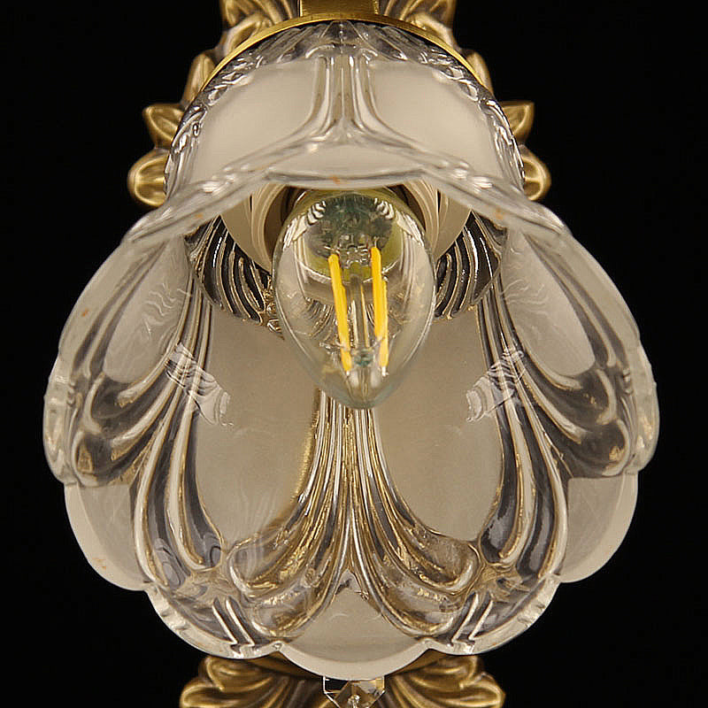 Flower Frosted Glass Wall Mount Light Traditional 1 Head Bedroom Sconce Light Fixture in Brass