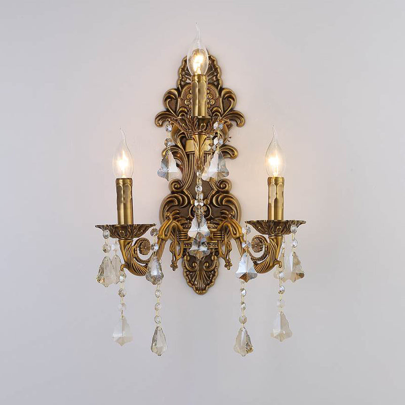 3 Heads Candle Wall Light Fixture Vintage Brass Metal Sconce Light with Crystal Drip Accent