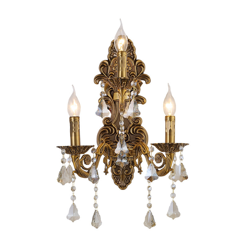 3 Heads Candle Wall Light Fixture Vintage Brass Metal Sconce Light with Crystal Drip Accent