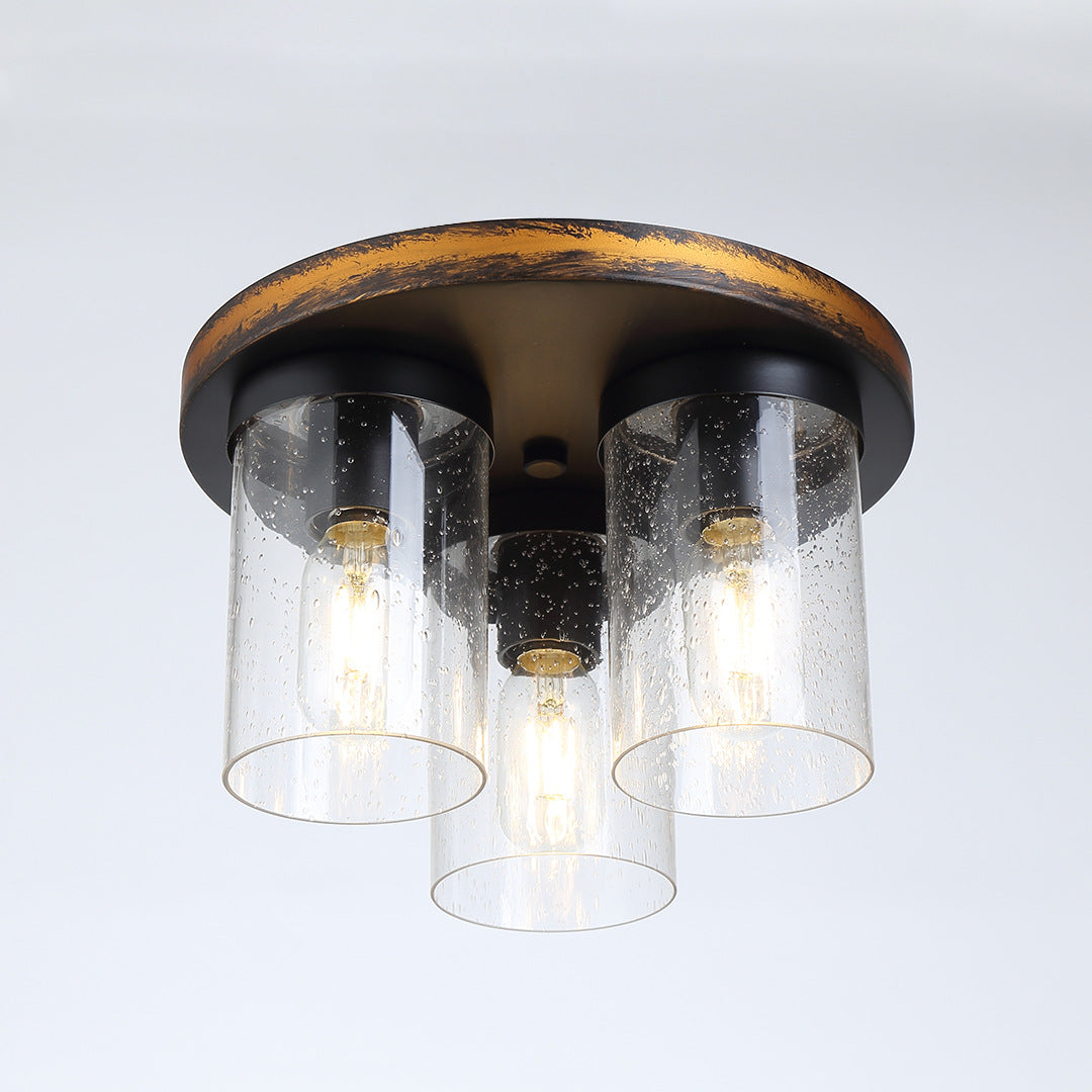 Plafonnier en verre transparent, cylindrique vers le bas, 3 ampoules, éclairage rustique