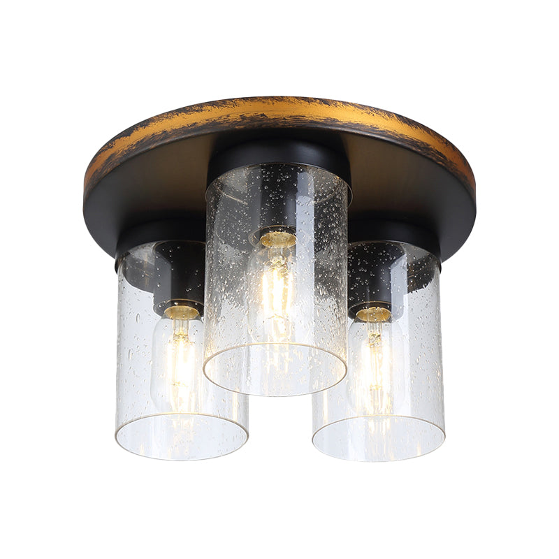 Plafonnier en verre transparent, cylindrique vers le bas, 3 ampoules, éclairage rustique