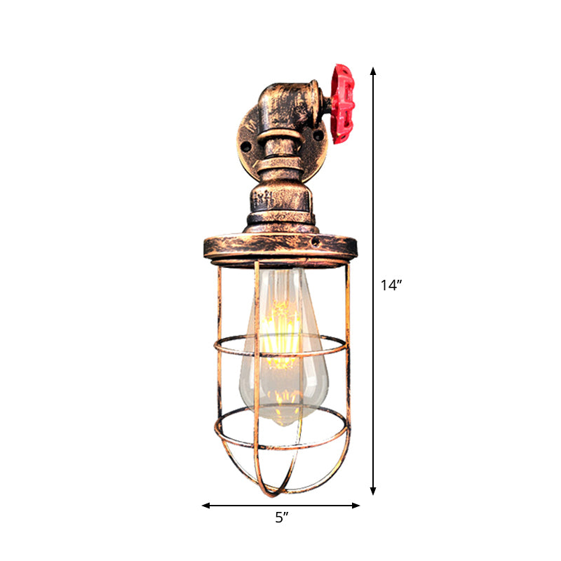 Wire Frame Corridor Wall Sconce Iron 1 Head Farmhouse Wall Lighting Fixture with Red Valve Design in Antique Brass/Black