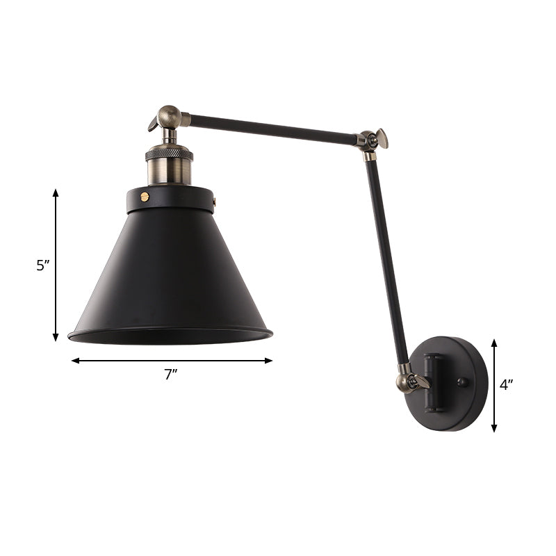 Cone Wall Lighting Fixture Industrial Style Metal 1 Bulb Black/White Wall Sconce Light with Swing Arm for Bedroom