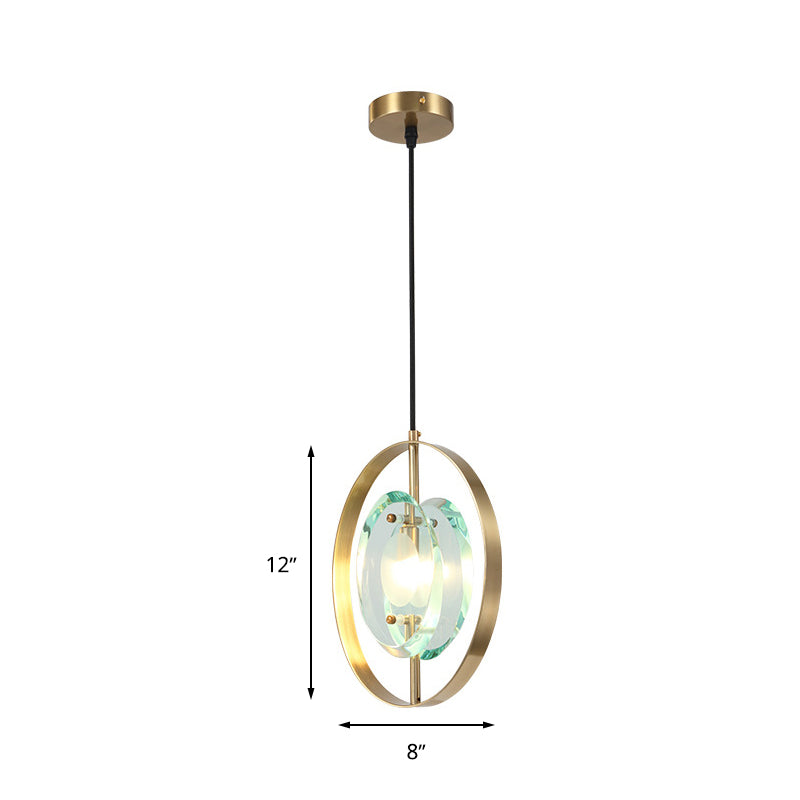 Gold Oval Frame Pendant Ceiling Light Contemporary 1 Head Metal Hanging Light Fixture with Clear Crystal Shade
