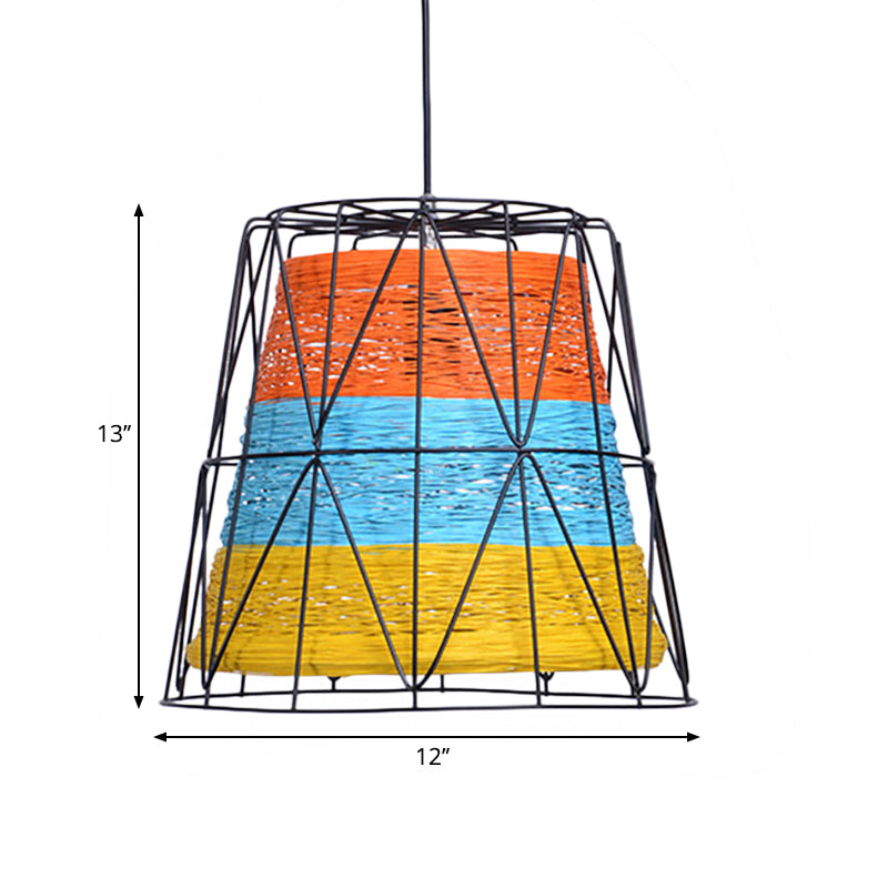 Bucket Ceiling Light Lodge Style Metallic and Rope 1 Light White/Blue-Orange-Yellow Pendant Lamp with Wire Frame