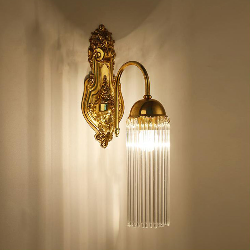 Tubular Corridor Wall Lighting Clear Crystal 1/2-Bulb Modern Style Sconce Lamp with Metal Gooseneck Arm in Gold