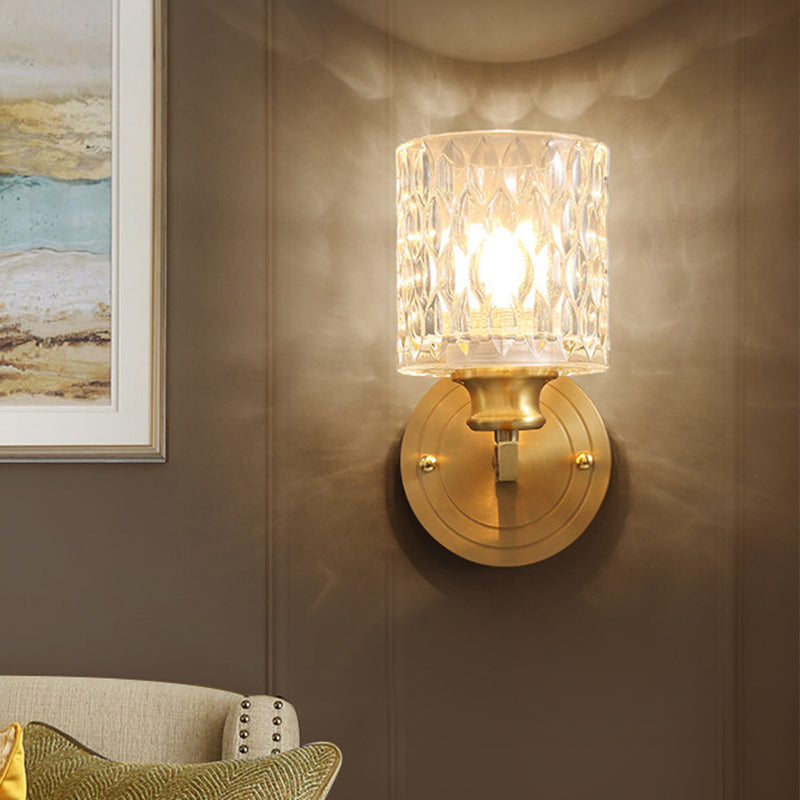 Cylindrical Wall Light Contemporary Stylish Clear Dimpled Glass 1 Bulb Golden Wall Sconce Fixture for Bedroom
