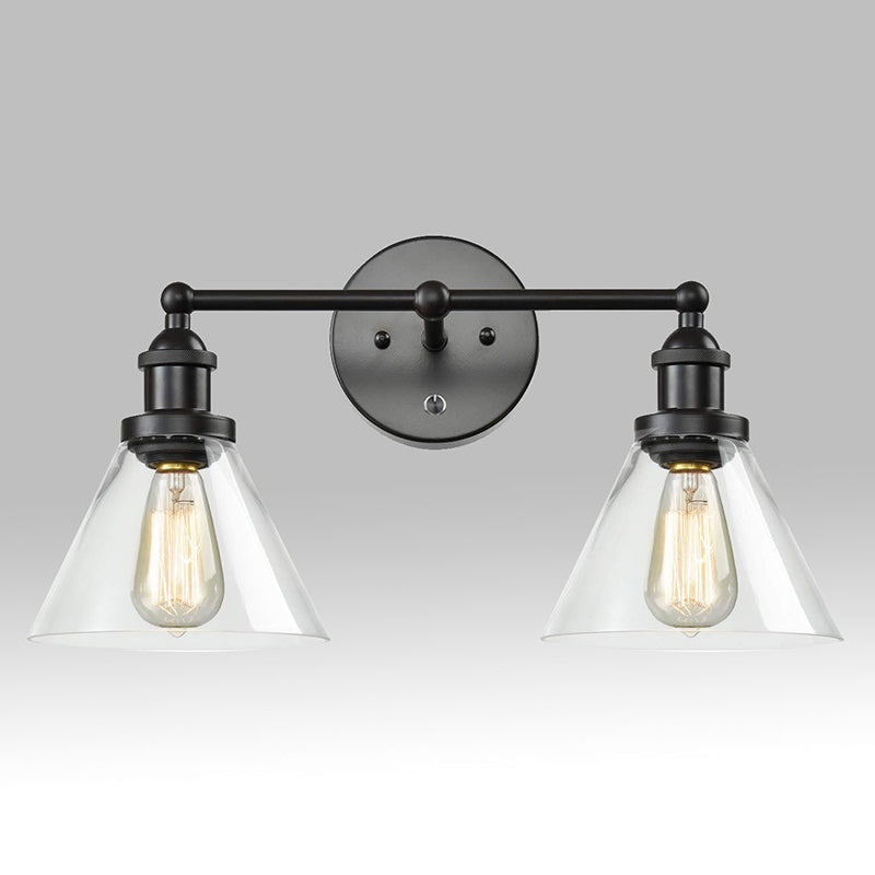 Conical Shade Industrial Wall Mounted Lamp 2 Lights Vanity Sconce in Clear Glass Cage