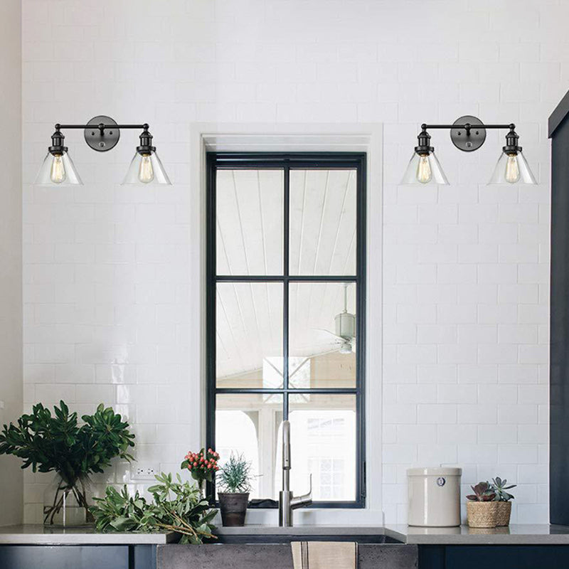 Conical Shade Industrial Wall Mounted Lamp 2 Lights Vanity Sconce in Clear Glass Cage