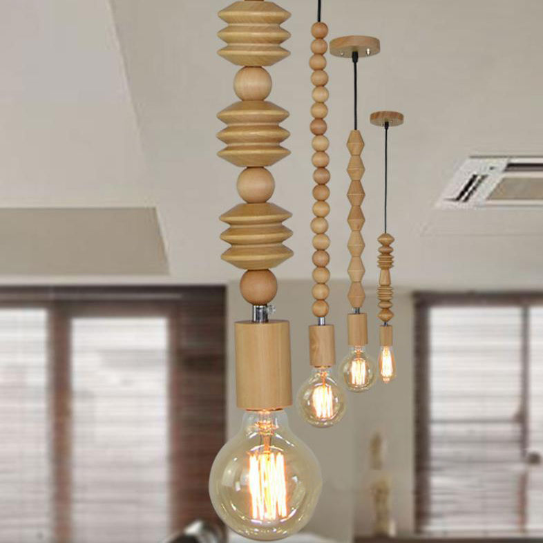 Spherical Bead Wood Hanging Lamp Lodge Style 1 Light Bedside Pendant Lighting with Bare Bulb, 12.5"/14" Height