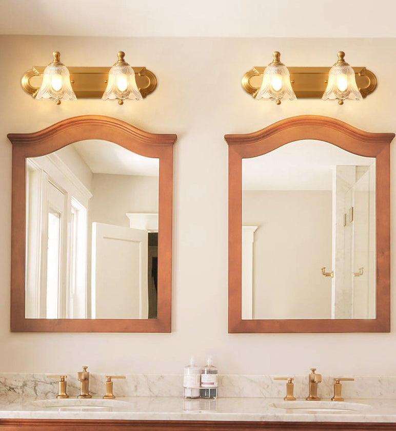 Bathroom Decoration Wall Light Sconce Brass Armed Wall Mounted Mirror Front in Ribbed Glass Shade