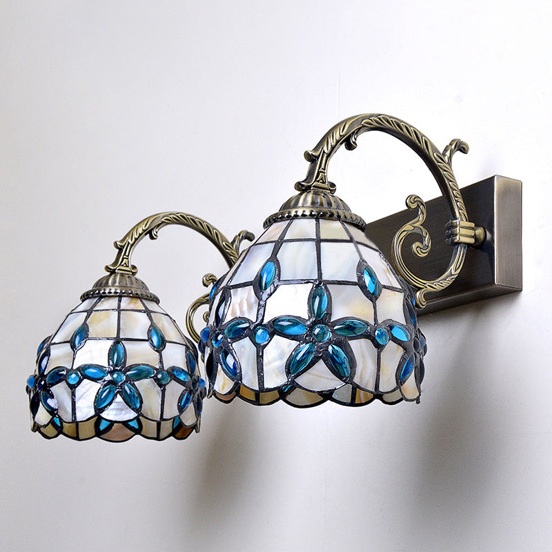 Tiffany Vanity Mirror Lights Aged Brass Vanity Wall Sconce in Natural Shell Shade