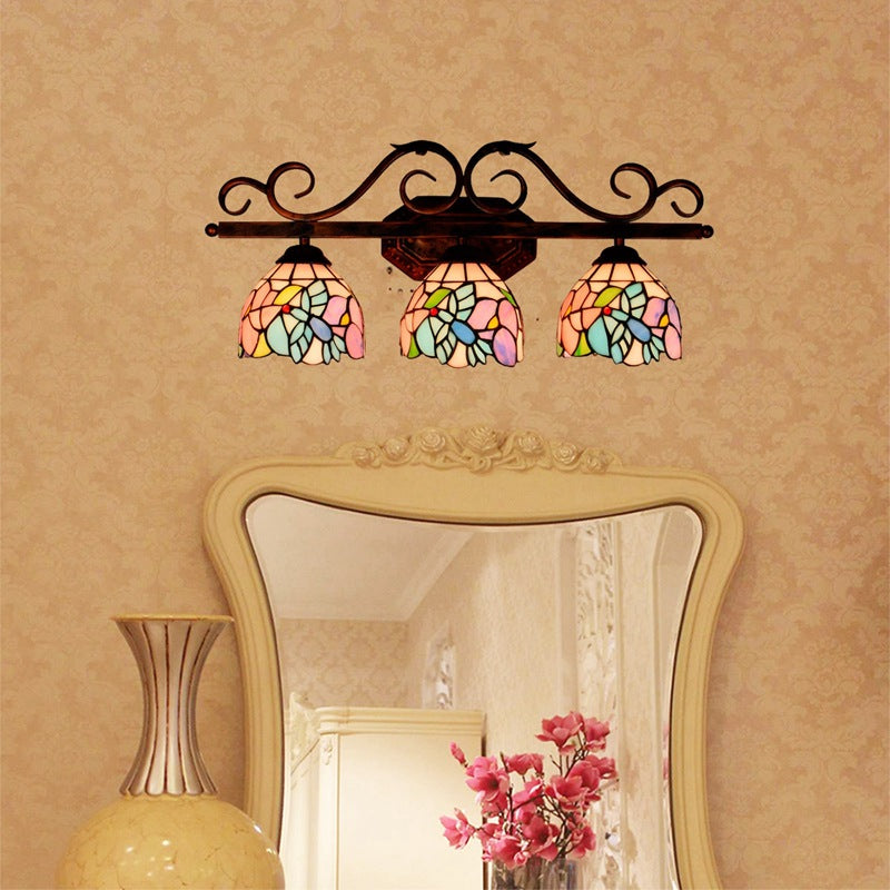 Vintage 3 Lichter Vanity Wandleuchte Tiffany Vanity Lampen Badezimmer mit mehrfarbigem Glasschirm