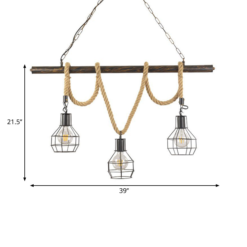 Global/Bottle Restaurant Island Pendant Light Iron 3 Lights Retro Style Black Ceiling Light with Hanging Rope