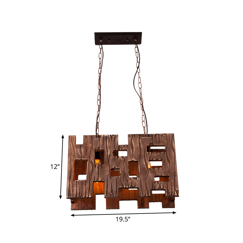 Rectangle Restaurant Island Chandelier Light Wood 2/3 Bulbs Countryside Pendant Lamp with Hollow Out Design in Brown