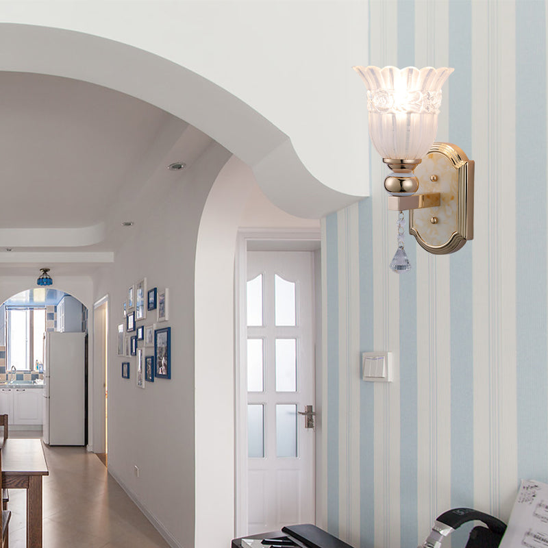 Frosted Glass Floral Wall Sconce Lamp Country Style 1 Bulb Gold Finish Wall Lighting Fixture for Corridor