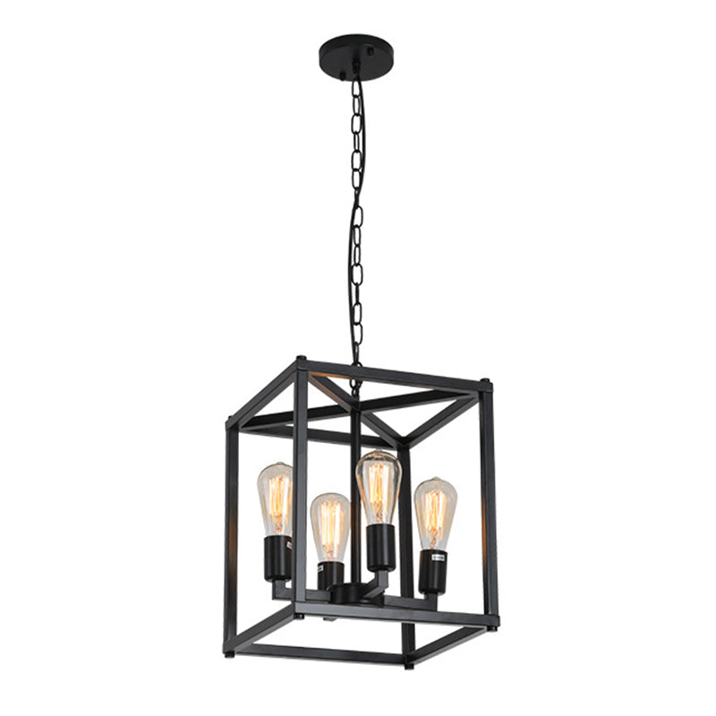 Black Cage Hanging Lamp Industrial Retro Metal Diner Pendant Chandelier in Square Shape