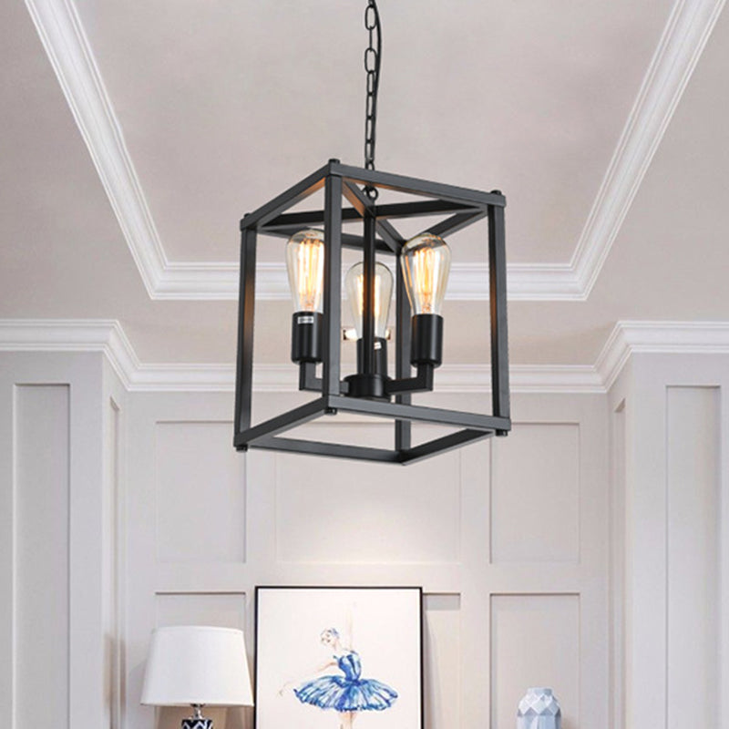 Black Cage Hanging Lamp Industrial Retro Metal Diner Pendant Chandelier in Square Shape