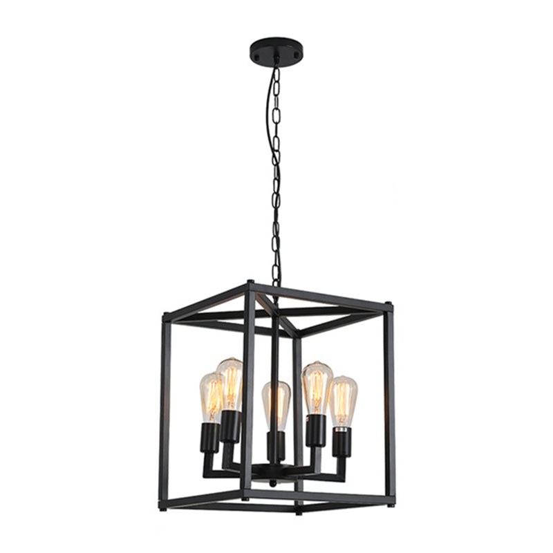 Black Cage Hanging Lamp Industrial Retro Metal Diner Pendant Chandelier in Square Shape