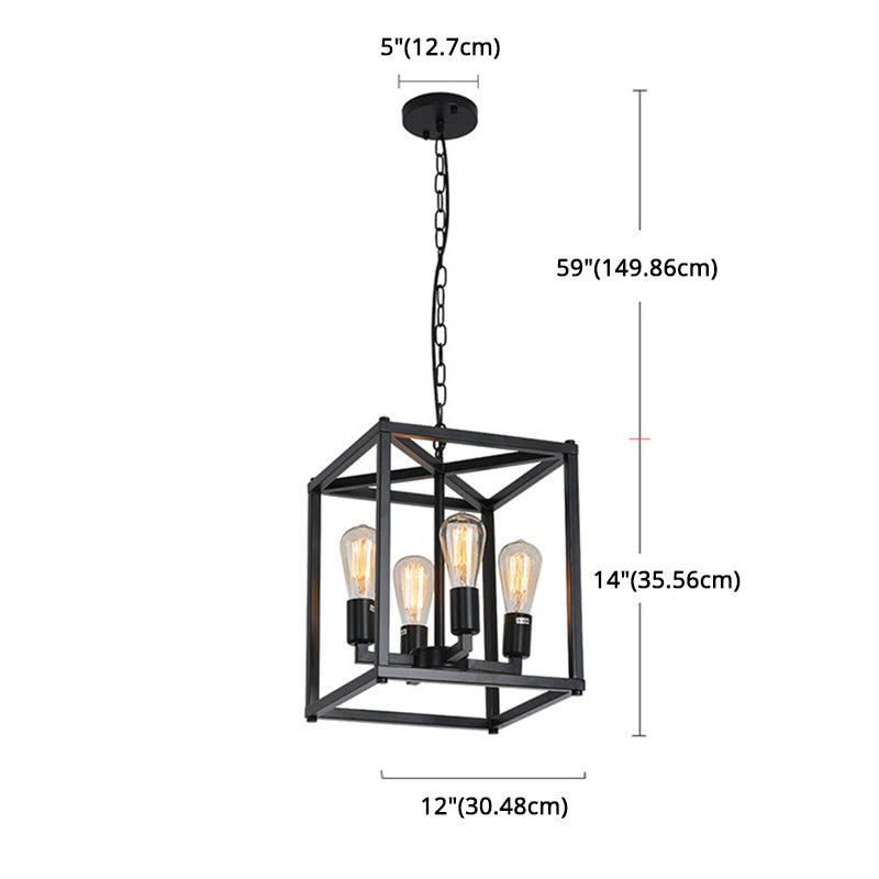 Black Cage Hanging Lamp Industrial Retro Metal Diner Pendant Chandelier in Square Shape