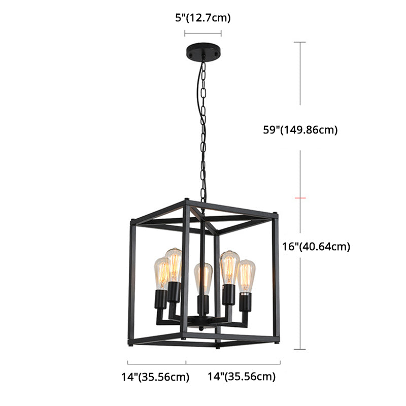 Black Cage Hanging Lamp Industrial Retro Metal Diner Pendant Chandelier in Square Shape