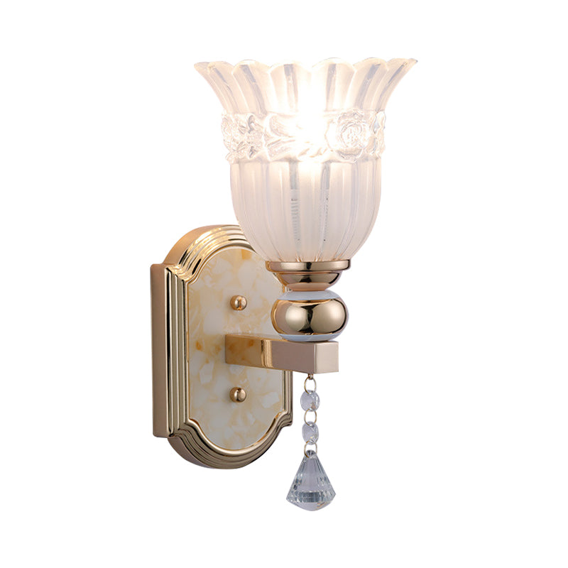 Frosted Glass Floral Wall Sconce Lamp Country Style 1 Bulb Gold Finish Wall Lighting Fixture for Corridor