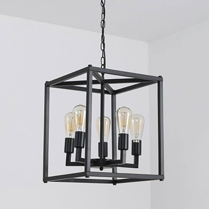 Black Cage Hanging Lamp Industrial Retro Metal Diner Pendant Chandelier in Square Shape