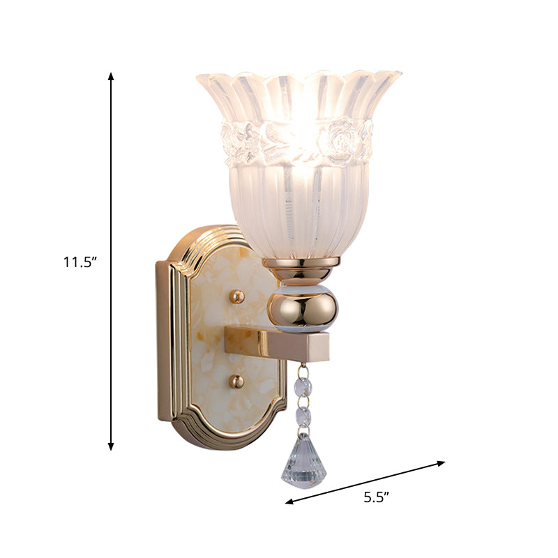 Frosted Glass Floral Wall Sconce Lamp Country Style 1 Bulb Gold Finish Wall Lighting Fixture for Corridor