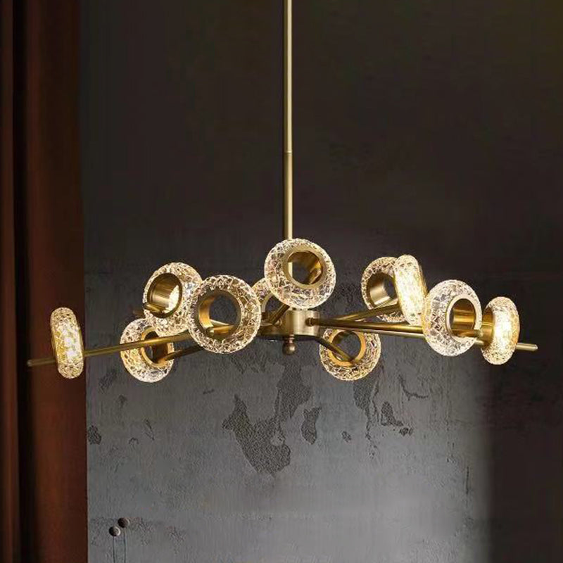 Crackled Crystal Glass Rings Pendant Lighting Postmodern Brass Finish Chandelier for Diner