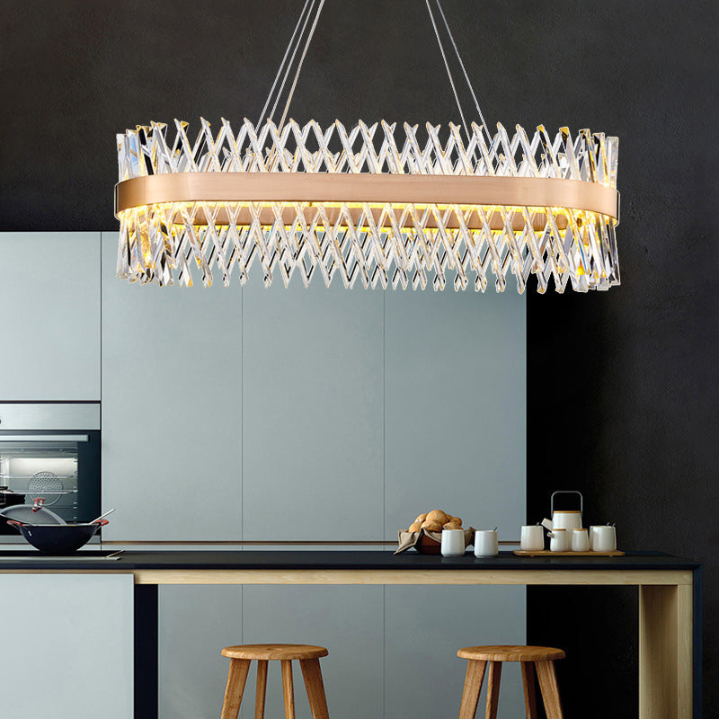 Simple Geometric Chandelier K9 Strip Crystal Dining Room LED Suspension Lighting in Rose Gold