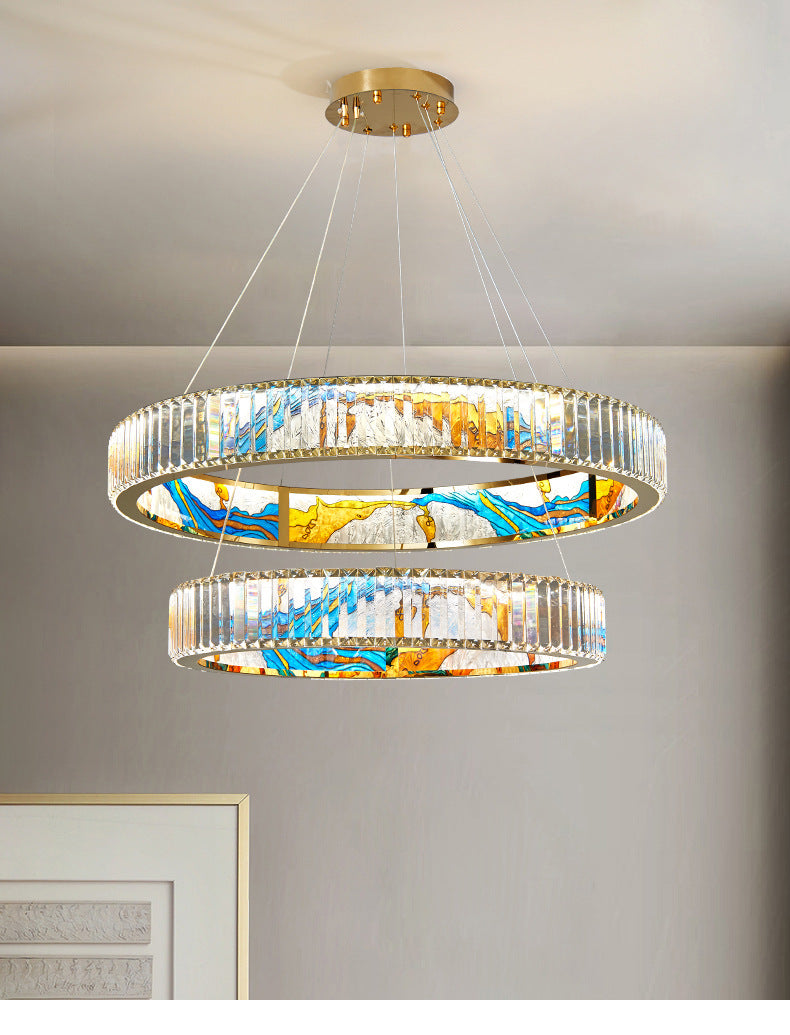 K9 Crystal Ring Shaped Chandelier Novelty Modern Gold LED Pendant Lamp with Abstract Print