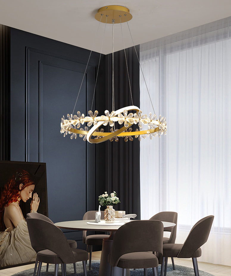 Gold Finish Wreath Pendant Light Minimalist Crystal LED Chandelier with Metal Ring