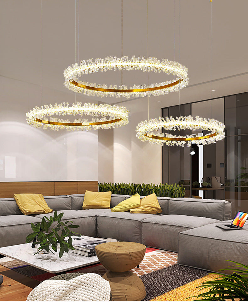 Simple Stylish Ring Pendant Chandelier Flower Crystal Living Room LED Hanging Light in Gold