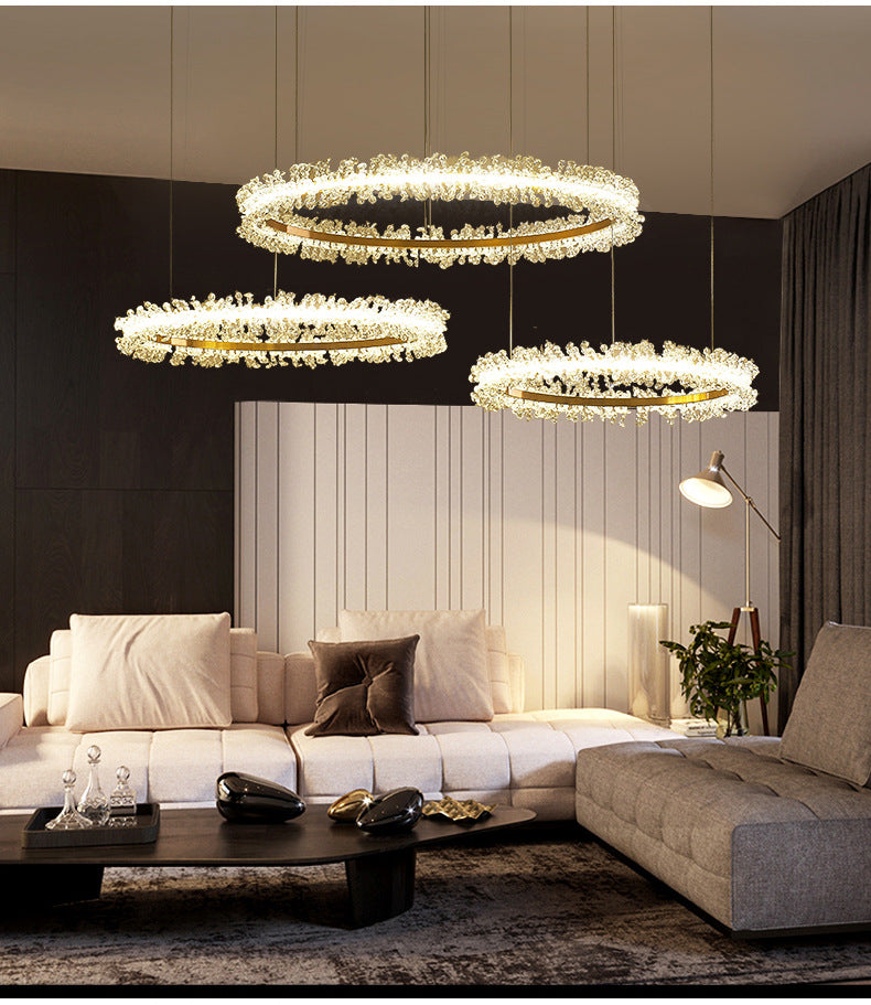 Simple Stylish Ring Pendant Chandelier Flower Crystal Living Room LED Hanging Light in Gold