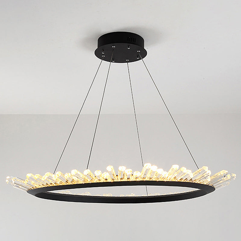 Minimalist Ring-Shape LED Chandelier Crystal Stick Living Room Hanging Light in Black
