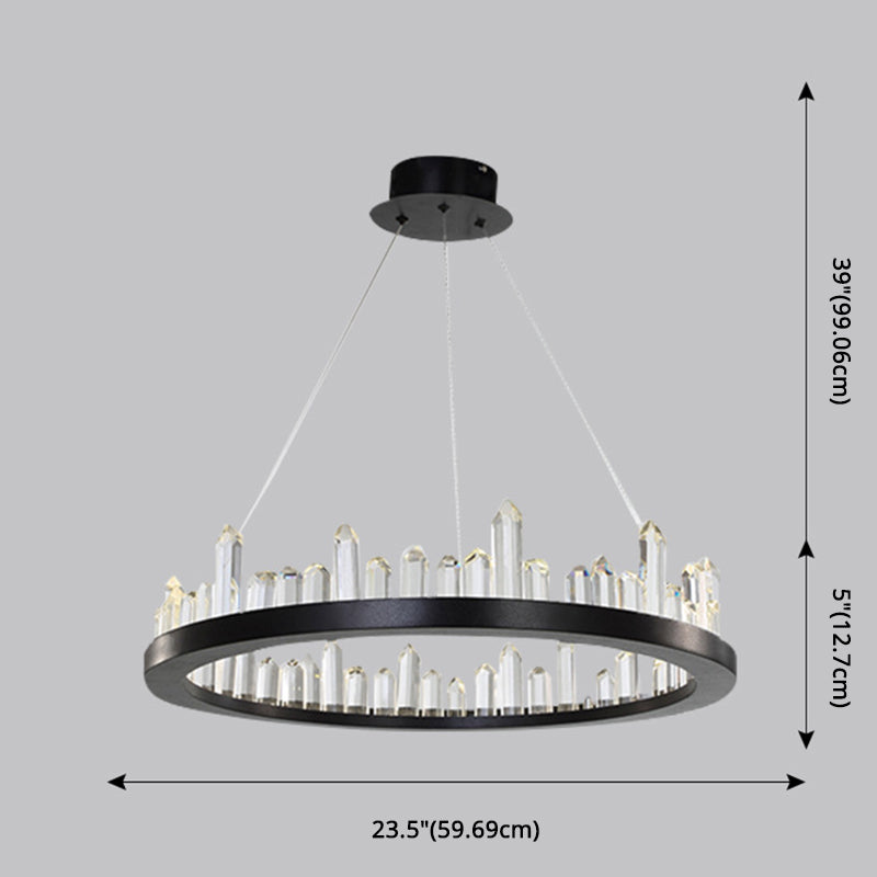 Minimalist Ring-Shape LED Chandelier Crystal Stick Living Room Hanging Light in Black